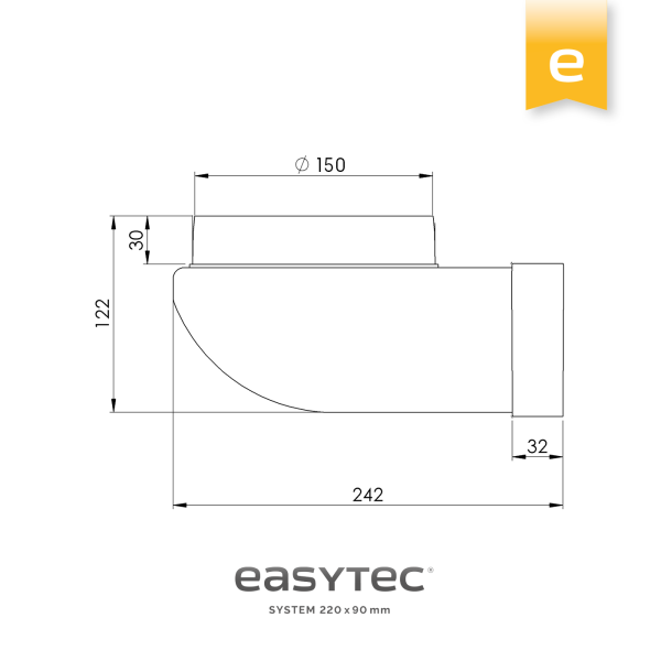 Flachkanal Umlenkbogen von eckig auf rund 32110 von easytec in der Größe 220 x 90 mm